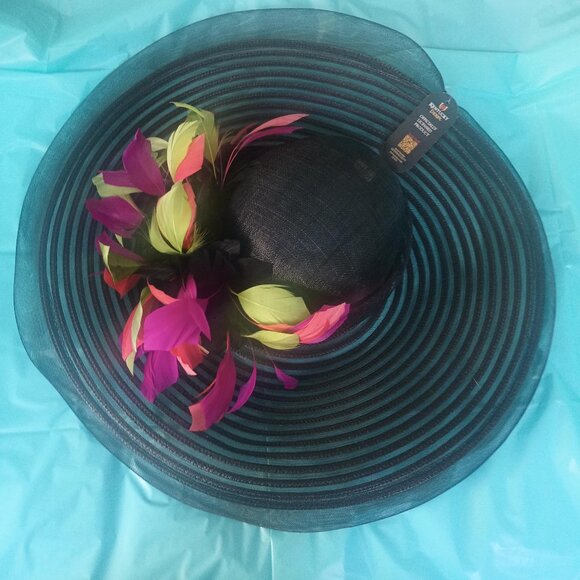Kentucky Derby Accessories - NWT Kentucky Derby Scala Big Brim Multi Colored Feather Sinemay Mesh Hat